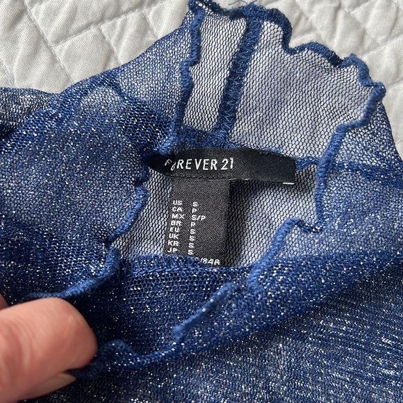 Sheer blue metallic long sleeve shirt with fancy edge collar. - Picture 2 of 4